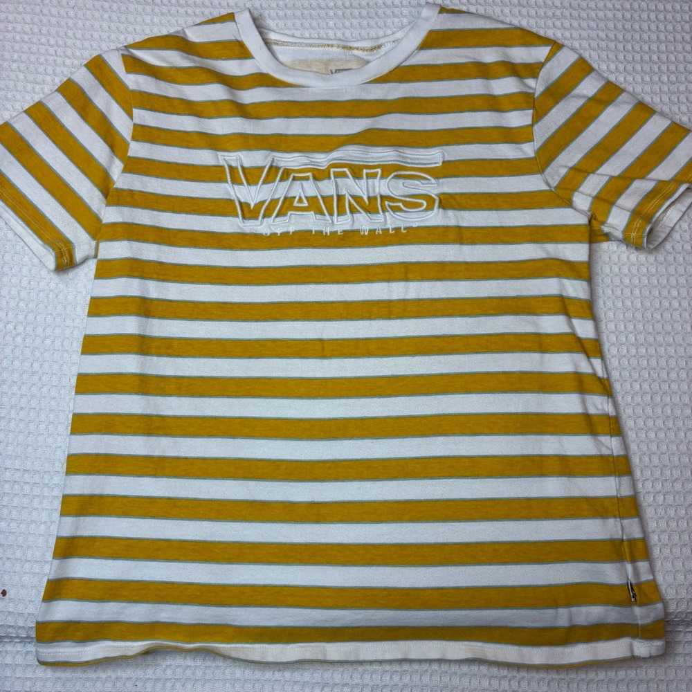 Vans Mens Small Striped T-Shirt Mustard Yellow White Embroidered Logo Tee